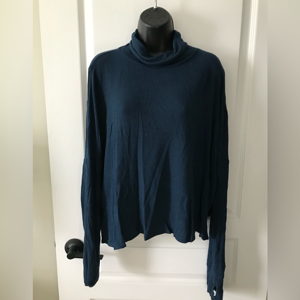 Cold Shoulder Blue Turtleneck with thumb holes